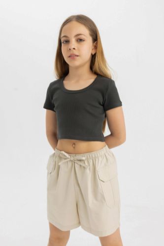 Kız Çocuk Slim Fit Dar Kesim Bisiklet Yaka Basic Düz Fitilli Kaşkorse Kısa Kollu Tişört