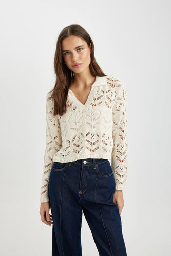 Relax Fit Polo Neck Crochet Pullover