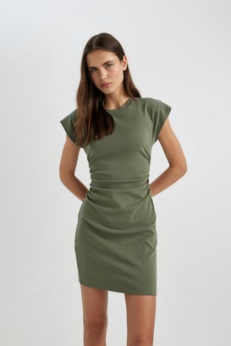 Bodycon Yuvarlak Yaka Penye Yarasa Kollu Mini Elbise