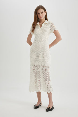 A-Line Polo Neck Flared Knitwear Maxi Dress