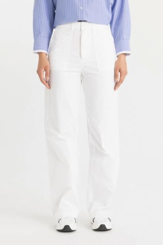 Wide Leg Geniş Bol Paça Cepli Beyaz Basic Düz Gabardin Pantolon