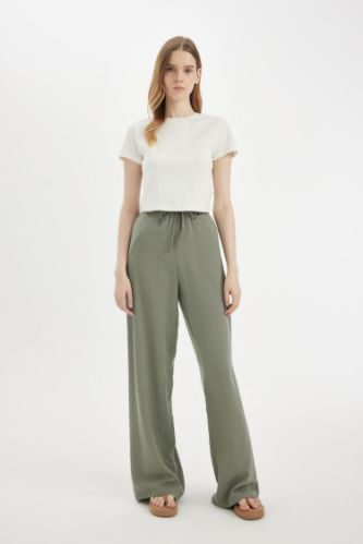 Keten Karışımlı Palazzo Pantolon Wide Leg Geniş Bol Paça Üç Cepli Normal Bel Basic Düz Standart Boy