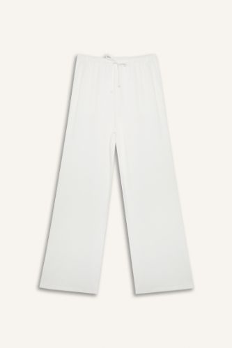 Keten Karışımlı Pantolon Wide Leg Geniş Bol Paça Üç Cepli Normal Bel Basic Düz Standart Boy
