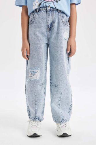 Девочки и подростки Светло-синий Джинсы Barrel Fit рванные для девочек