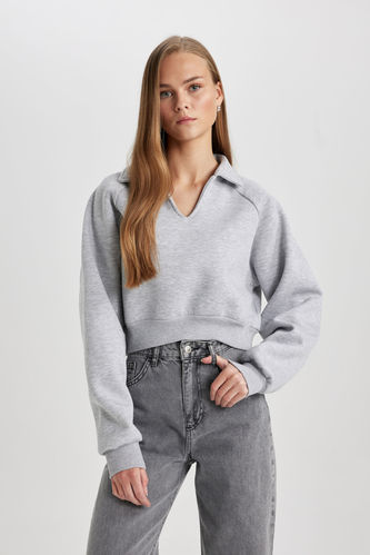Crop Polo Yaka Kalın Kumaş Sweatshirt