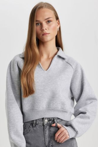 Regular Fit Polo Yaka Basic Düz Kalın Sweatshirt