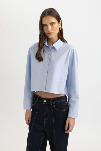 Crop Shirt Collar Oxford Long Sleeve Shirt