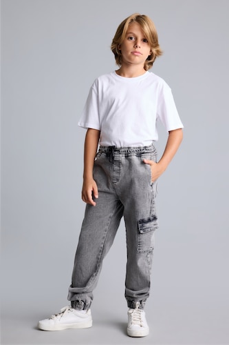 Erkek Çocuk - Genç Erkek Gri Kargo Cepli Jogger Jean Pantolon Erkek Çocuk