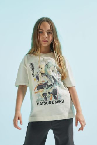 Kız Çocuk Hatsune Miku Oversize Fit Bisiklet Yaka Kısa Kollu Tişört