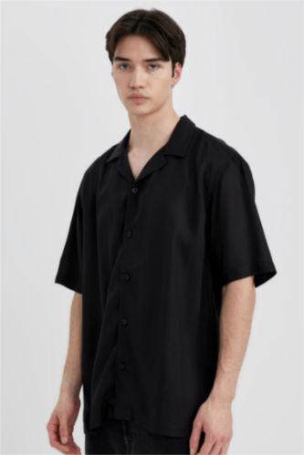 MAN Black Regular Fit Apache Neck Viscose Short Sleeve Shirt