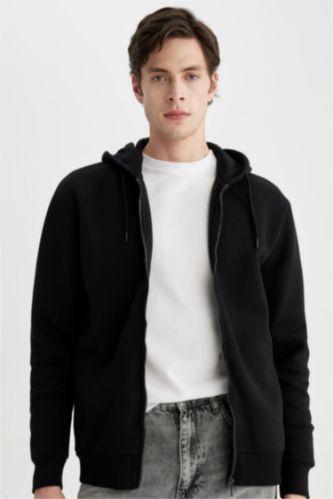 HOMME Noir Sweat à capuche noir basique zippé à Coupe regulière
