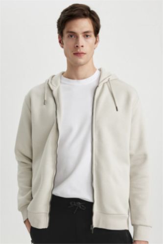 New Regular Fit Kapüşonlu Basic Düz Fermuarlı Sweatshirt
