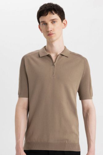 Slim Fit Dar Kesim Kısa Kollu Basic Düz Fermuarlı Triko Polo Tişört
