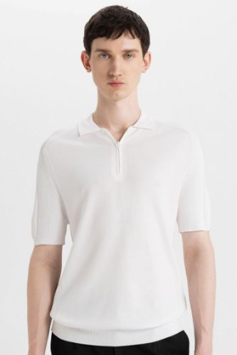 Slim Fit Dar Kesim Kısa Kollu Basic Düz Fermuarlı Triko Polo Tişört