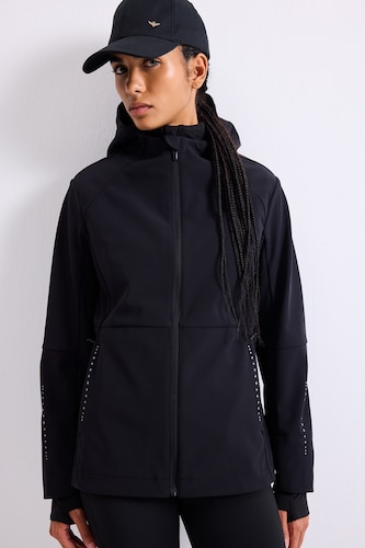 Woman Black Slim Fit Hooded Zip-Up Softshell Jacket