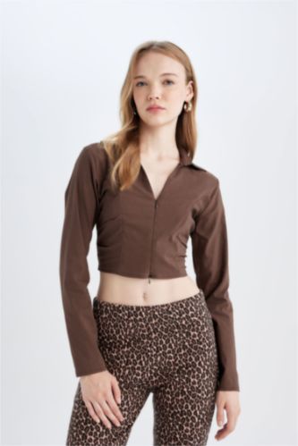 نساء بني Fitted Shirt Collar Zip-Up Bengalin Crop Basic Blouse