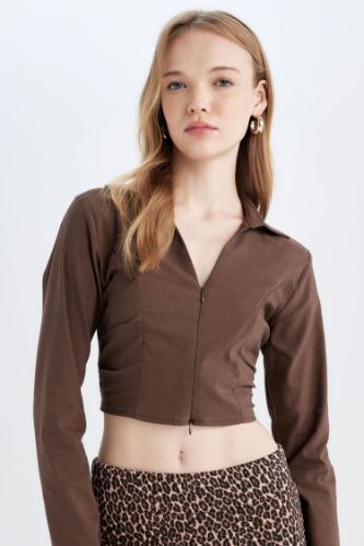 Fitted Vucuda Oturan Gömlek Yaka Fermuarlı Bengalin Uzun Kollu Crop Basic Düz Bluz