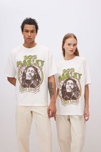Unisex Bob Marley One Love Oversize Fit Bisiklet Yaka Baskılı Kısa Kollu Tişört