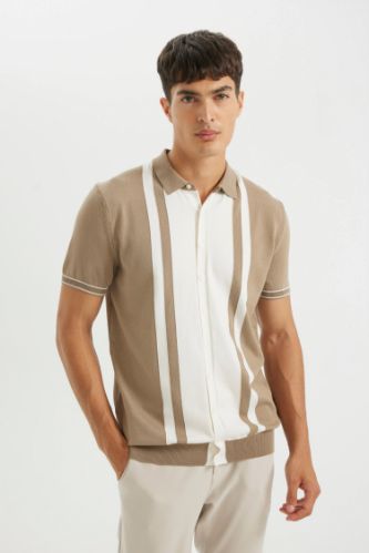Modern Fit Fermuarlı Kısa Kollu Çizgili Triko Polo Tişört