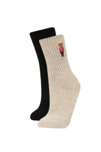 Kadın Nakış Ayıcık Desenli 2'li Kışlık Çorap