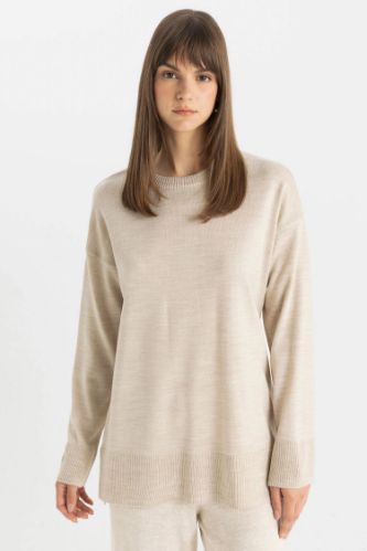 Regular Fit Bisiklet Yaka Yırtmaçlı Basic Düz Triko Kazak Tunik