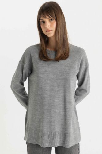 Regular Fit Bisiklet Yaka Yırtmaçlı Basic Düz Triko Kazak Tunik