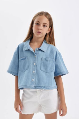 Kız Çocuk Boxy Fit Pamuklu Kısa Kollu Gömlek