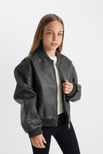 Black Girls Teens Girl Waterproof Faux Leather Bomber Jacket 3112748 DeFacto