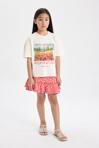 Kız Çocuk Baskılı Kısa Kolu Tişört Etek 2'li Takım