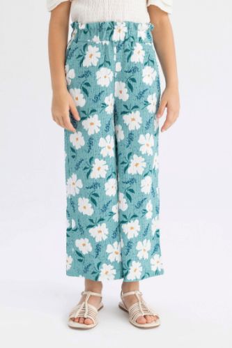 Kız Çocuk Wide Leg Geniş Bol Paça Çiçekli Beli Lastikli Bürümcük Pantolon