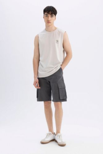 Relax Fit Düz Paça Gabardin Kargo Bermuda Şort