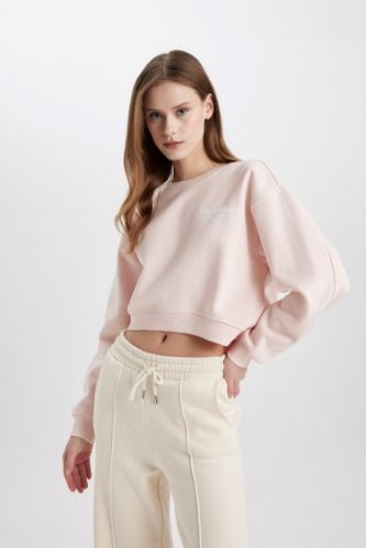 Boxy Fit Bisiklet Yaka Baskılı Kalın Crop Sweatshirt