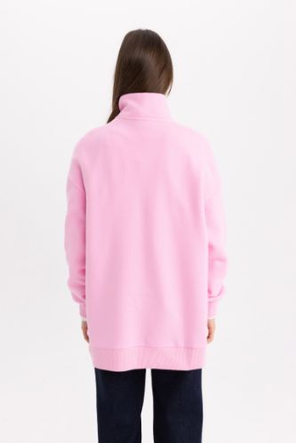 Pink WOMAN Regular Fit Thick Sweatshirt Fabric Polo Collar Slogan Pattern Sweat Tunic 3097196 DeFacto