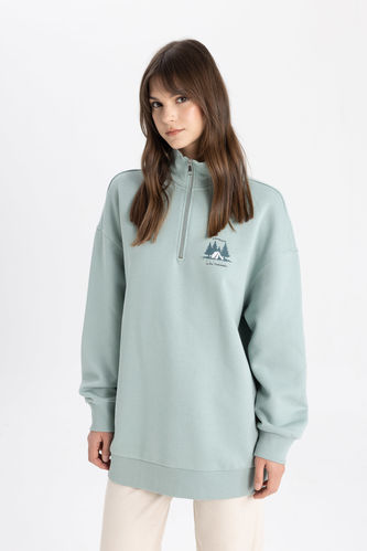 Regular Fit Thick Sweatshirt Fabric Polo Collar Printed Sweat Tunic