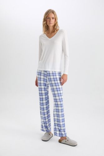 Fall in Love Pijama Takım V Yaka Uzun Kollu Basic Düz Üst Kareli Beli Lastikli Alt