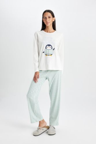 Fall in Love Pijama Takım Bisiklet Yaka Baskılı Uzun Kollu Üst Kareli Beli Lastikli Alt