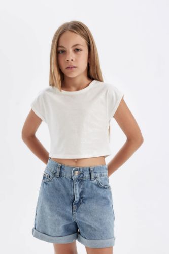 Kız Çocuk Slim Fit Dar Kesim Bisiklet Yaka Fitilli Kaşkorse Kısa Kollu Tişört