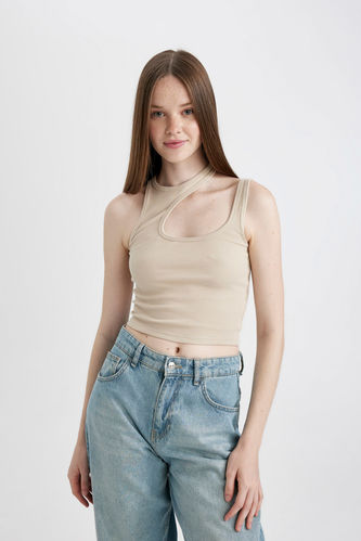 Fitted Crew Neck Ribbed Camisole Crop Top