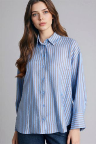 Kadın Koyu Mavi Relax Fıt Baskılı Uzun Kollu Tunik