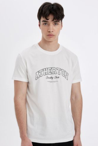 Slim Fit Dar Kesim Bisiklet Yaka Baskılı Kısa Kollu Tişört