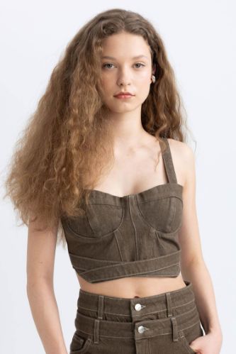 Kalın Askılı Crop Korse Jean Bluz