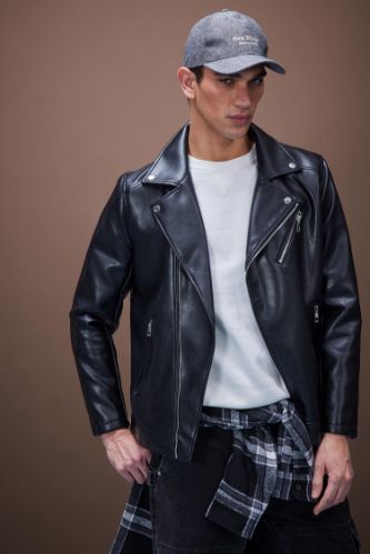 رجال أسود Zipper Faux Leather Jacket