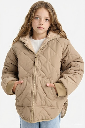 Young Girls - Teen Girls Dark Beige Girl Double Sided Hooded Zippered Quilted Jacket