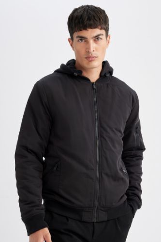 Slim Fit Çıkarılabilir Kapüşonlu Fermuarlı Çift Cepli Mevsimlik Hafif Bomber Mont Ceket