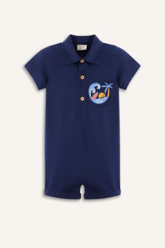 Erkek Bebek Polo Yaka Palmiye Desenli Kısa Kollu Tulum