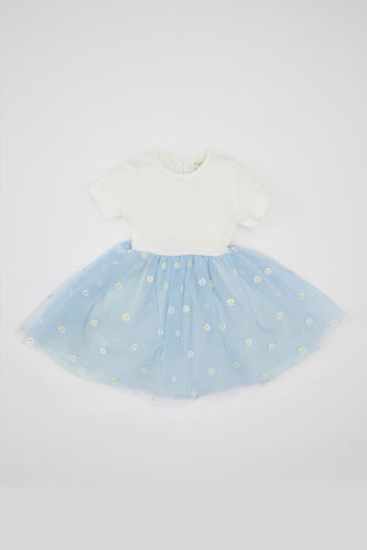 Kız Bebek Çiçekli Fitilli Kaşkorse Kısa Kollu Tütü Elbise