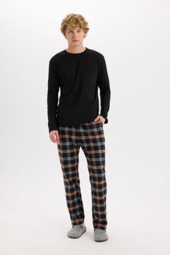 Regular Fit Pijama Takımı Bisiklet Yaka Basic Düz Uzun Kollu Üst Kareli Uzun Alt