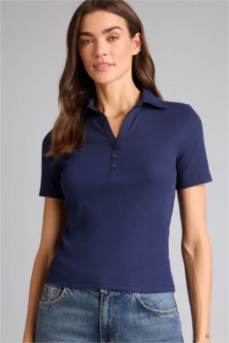 Kadın Lacivert Slım Fıt Polo Yaka Fitilli Kaşkorse Tişört