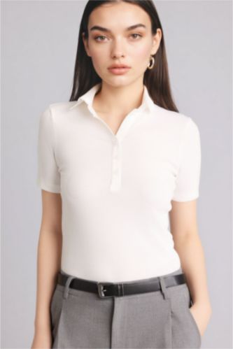 Woman White تيشيرت بولو سليم فيت مضلع