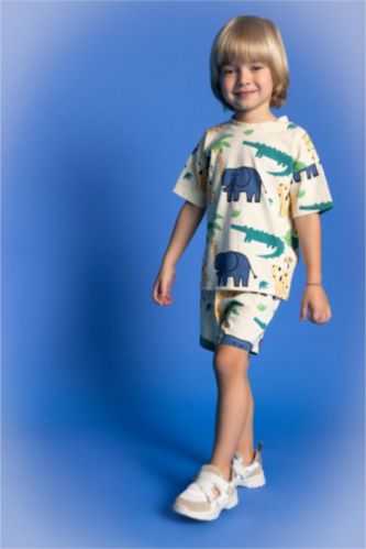 BABY BOY Light Beige Baby Boy Animal Patterned T-Shirt Shorts 2 Piece Set
